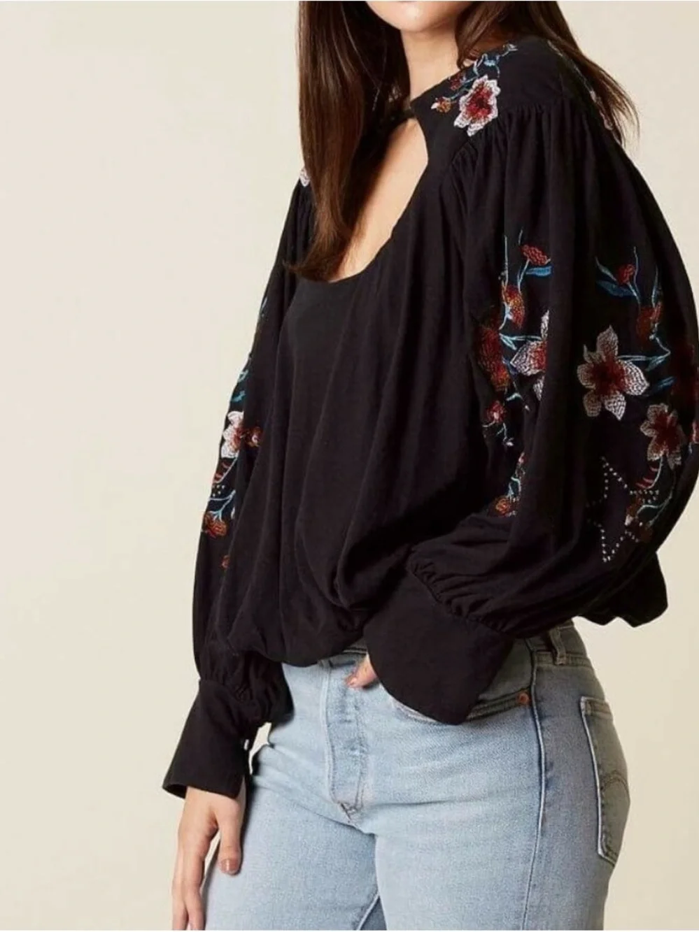 Free People black Lita Cutout Blouse Floral Embroidered Pullover Oversized linen